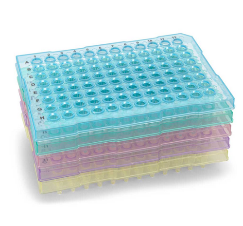 0.2 mL 96-Well PCR Plate, Half Skirt (ABI-style), Flat top, Assorted Colors (Blue, Red, Green, Yellow and Violet), 100/CS, Globe Scientific, PCR-HS-FL02-RW