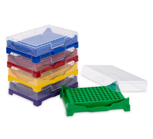 Stackable PCR Work Racks, 96 well for PCR Plates and Strips, Five Fluorescent Colors (Green, Yellow, Violet, Red, Blue), 20/CS, Globe Scientific, PCR-WORKSTACK