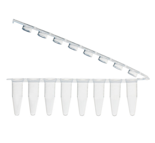 0.2 mL 8-Strip Tubes, with Hinged Attached 8-Strip Clear Flat Caps, Natural, 1250/CS, Globe Scientific, PCR-STR-02F-ZIP