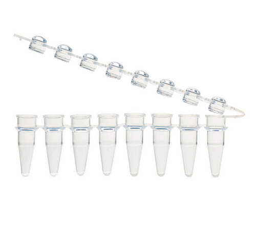 0.2 mL 8-Strip Tubes, with Hinged Attached 8-Strip clear Dome caps, Natural, 1250/CS, Globe Scientific, PCR-STR-02D-ZIP