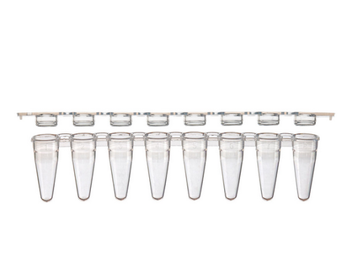0.1 mL 8-Strip Tubes, Low Profile, with Separate 8-Strip Clear Flat Caps, White, 1250/CS, Globe Scientific, PCR-STR-01FW