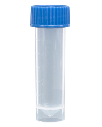Transport Tube, 5 mL, with Separate Blue Screw Cap, Polypropylene (PP), Conical Bottom, Self-Standing, Molded Graduations, Unassembled, 1000/CS Total, Globe Scientific, 6101B