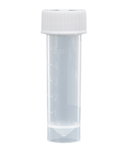 Transport Tube, 5 mL, with Attached White Screw Cap, Polypropylene (PP), Conical Bottom, Self-Standing, Molded Graduations, Unassembled, 1000/CS Total, Globe Scientific, 6101C