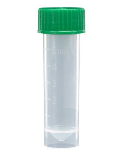 Transport Tube, 5 mL, with Separate Green Screw Cap, Polypropylene (PP), Conical Bottom, Self-Standing, Molded Graduations, Unassembled, 1000/CS Total, Globe Scientific, 6101G