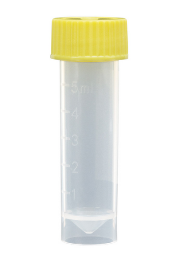 Transport Tube, 5 mL, with Separate Yellow Screw Cap, Polypropylene (PP), Conical Bottom, Self-Standing, Molded Graduations, Unassembled, 1000/CS Total, Globe Scientific, 6101Y