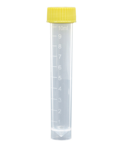 Transport Tube, 10 mL, with Separate Yellow Screw Cap, Polypropylene (PP), Conical Bottom, Self-Standing, Molded Graduations, Unassembled, 1000/CS Total, Globe Scientific, 6102Y