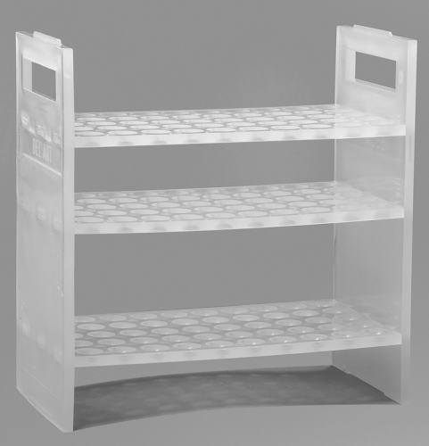 Pipette Support Rack for 50 Pipettes in a vertical 5 x 10 Pattern, Top and Middle Tiers Have 16 mm Diameter Holes, Bottom Tier Holes Taper from 16 mm to 6 mm.