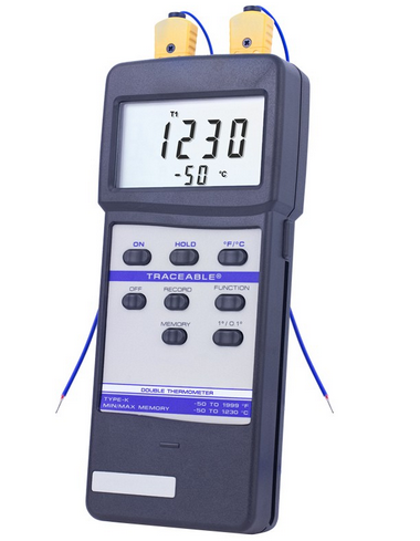 Traceable Double Thermometer, Range is 50 to 1999 F (50 to 1230 C) Resolution is 0.1 (From 50.0 to 199.9 F) and 1 in both F and C Over the Range, Antylia, 4137