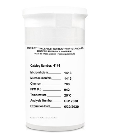 Traceable (Registered) One-Shot Conductivity, 1413 Micromhos, 0.00071 Megohms Resistivity, 100 mL (Package of 6)