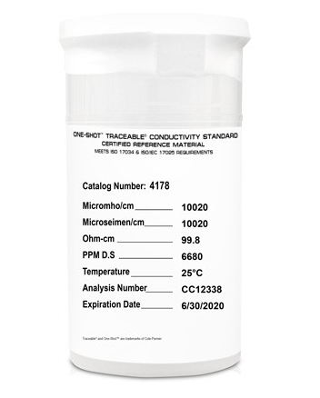 Traceable (Registered) One-Shot Conductivity, 10000 Micromhos, 0.0001 Megohms Resistivity, 100 mL (Package of 6)