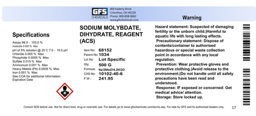 Sodium Molybdate, Dihydrate, ACS Reagent Grade, 500 g, GFS Chemicals, 68152