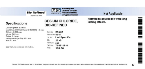 Cesium Chloride, Bio-Refined, 99.9%, 25 g Bottle, GFS Chemicals, 21542