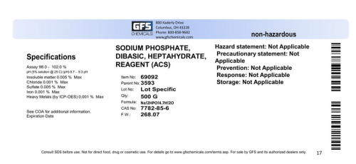 Sodium Phosphate, Dibasic, Heptahydrate, ACS Reagent Grade, 500 g Bottle, GFS Chemicals, 69092