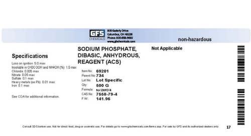 Sodium Phosphate Dibasic, Anhydrous, ACS Reagent Grade, 500 g, GFS Chemicals, 69201