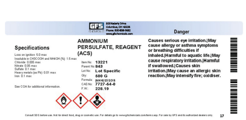 Ammonium Persulfate, ACS Reagent Grade, 500 g Poly Bottle, GFS Chemicals, 13221