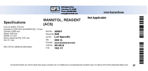 Mannitol, ACS Grade, 500 g, GFS Chemicals, 49651