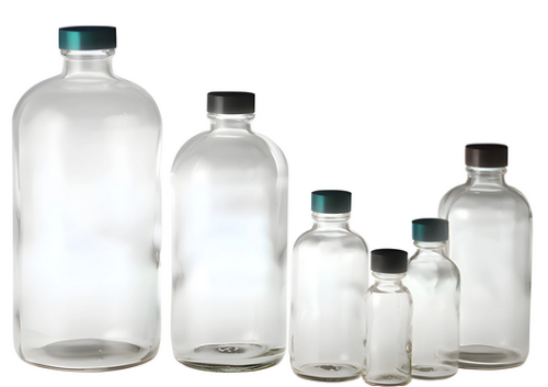 Qorpak Bottles, Sample, 2 oz (60 mL) Clear Glass Boston Round with 20-400 Green Thermoset F217 with PTFE Lined Cap Attached, 24/CS, Berlin Packaging, GLC-01099