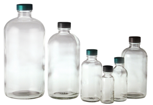 Bottle, Boston Round Clear Glass, with Green Thermoset F217/PTFE Lined Cap (22-400), 4 oz, 24/CS