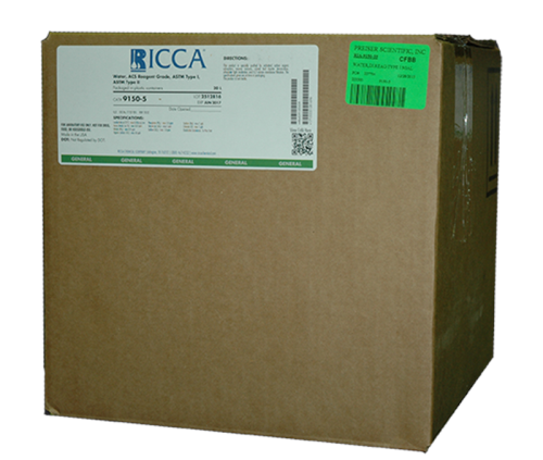 Water, ACS Reagent Grade, ASTM Type I, ASTM Type II, 20 L Cubitainer, Ricca Chemical Company, 9150-5 (Non-Regulated)