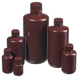 Nalgene Bottle, Packaging, Round, Narrow-Mouth, Opaque Amber High-Density Polyethylene (HDPE) with Opaque Amber Polypropylene (PP) Cap, 30 mL, EA, 72/PK or 1000/CS, Thermo Scientific, Bulk Packaged, 312085-0001