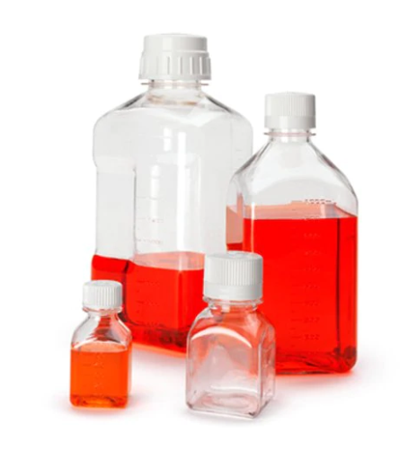 Nalgene Bottle, Narrow-Mouth, Square, Media, Polyethylene Terephthalate Glycol (PETG) with High-Density Polyethylene (HDPE) Closure, Sterile, 250 mL, 48/CS, Thermo Scientific, 2019-0250