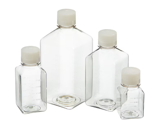 Nalgene Media Bottles, Square PET with Closure: Sterile, Shrink-Wrapped Trays, Graduated, 125 mL, 96/CS, Thermo Scientific, 342040-0125