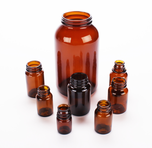Bottle, Wide Mouth, Amber Glass, Round, without  Cap, GCMI Thread 53-400, 32 oz.