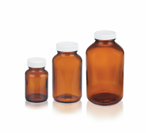 Wheaton Wide Mouth Type III Amber Packer, 1 oz, Black Phenolic Cap with Polyethylene Cone, 24/CS, DWK, W216951