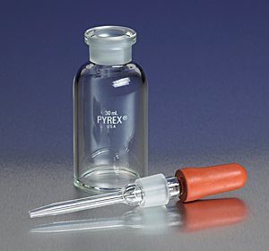 PYREX Bottle, Dropper/Dispenser, Narrow-Mouth, with Ground Glass Stopper/Pipet, 125 mL, EA or 12/CS, Corning, 1340-125