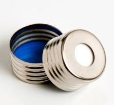 Screw Cap, 18 mm Silver Steel, Blue PTFE wth White Silicone, 100/PK, QEC, QP2003-018-7712