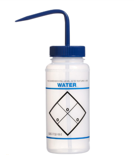 Wash Bottle, Wide-Mouth, Low-Density Polyethylene (LDPE), Safety-Labeled Water with Blue Polypropylene (PP) Cap Assembly, 500 mL, SP Bel-Art Products, F11646-0621