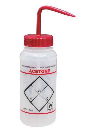 Wash Bottle, Wide-Mouth, Low-density Polyethylene (LDPE) Safety-Labeled  Acetone with Red Polypropylene (PP) Cap Assembly, 500 mL, SP Bel-Art Products, F11646-0622