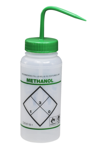 Wash Bottle, Wide-Mouth, Low-density Polyethylene (LDPE) Safety-Labeled Methanol with Green Polypropylene (PP) Cap Assembly, 500 mL, Bel Art Products, F11646-0623