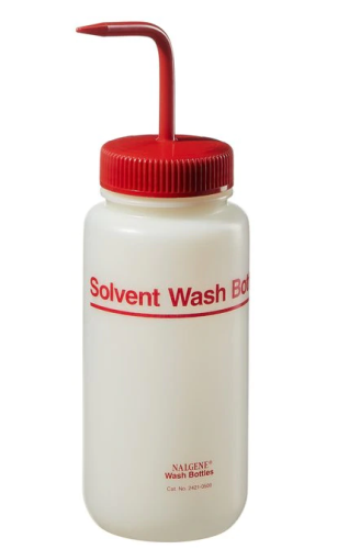 Nalgene Wash Bottle, Wide Mouth, Fluorinated High-Density Polyethylene (HDPE) with Polypropylene (PP) Cap Assembly, Labeled Solvent, Self-Vented, 500 mL, 2/PK, Thermo Scientific, 2421-0500
