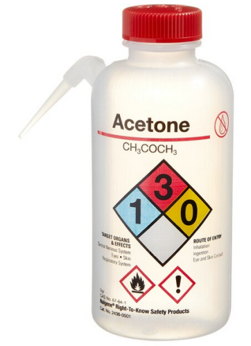 Nalgene Wash Bottle, Vented Unitary Right-to-Know (RTK), Natural Low-Density Polyethylene (LDPE) with Red Color-Coded Polypropylene (PP) Cap, Acetone, Cylindrical, Narrow-Mouth, 500 mL, 4/PK or 24/CS, Thermo Scientific, 2436-0501