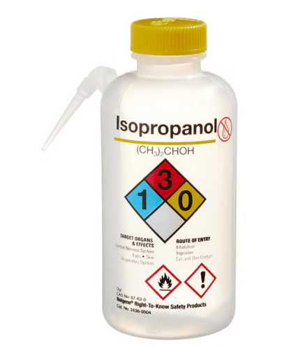 Nalgene Wash Bottle, Vented Unitary Right-to-Know (RTK), Natural Low-Density Polyethylene (LDPE) with Yellow Color-Coded Polypropylene (PP) Cap, Isopropanol, Cylindrical, Narrow-Mouth, 500 mL, 4/PK or 24/CS, Thermo Scientific, 2436-0504