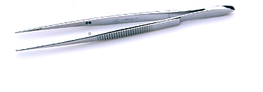 Forceps, Dissecting, Stainless Steel, Fine Point with Serrated Tips & Guide Pin, Straight, 4 1/2 in.