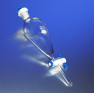 PYREX Separatory Funnel, Pear-Shaped Squibb, PTFE Product Standard Stopcock, Polyethylene Standard Taper Stopper, 250 mL, Corning 6404-250