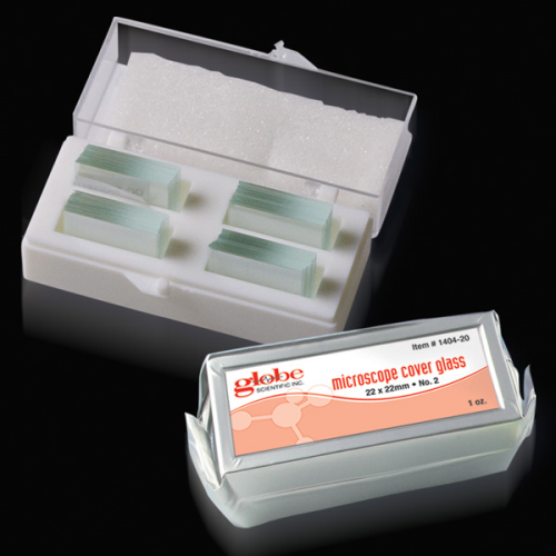 Microscope Cover Glass, 22 mm x 22 mm, # 1.5 Thickness, 10/CS (10 - 1 OZ Vacuum PKS), Globe Scientific, 1404-15