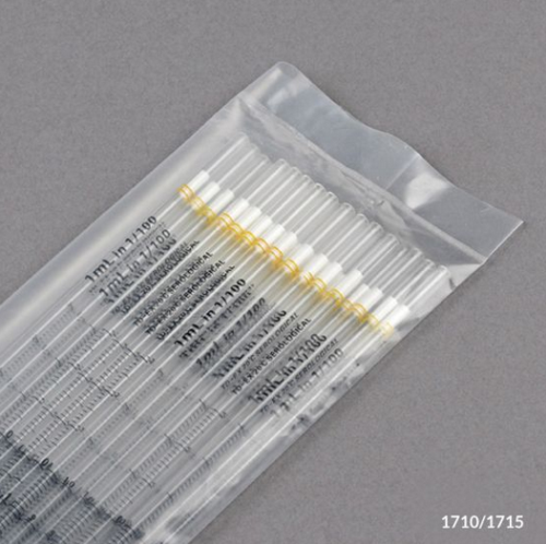 Serological Pipette, 1 mL, Polystrene, Standard Tip, 275 mm, STERILE, Yellow Band, 1000/CS (40 Packs of 25), Globe Scientific, 1710