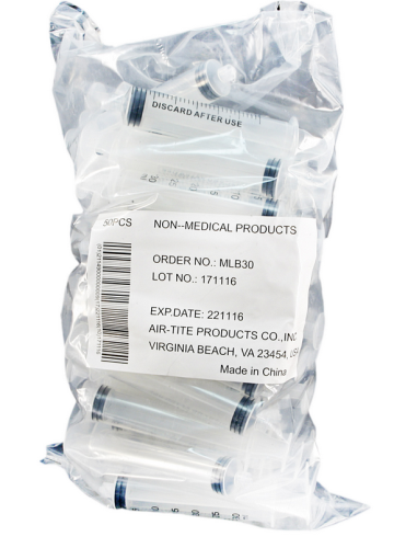 Air-Tite Luer-Lock Syringes, 30 mL, 50/PK, Non-Sterile, MLB30