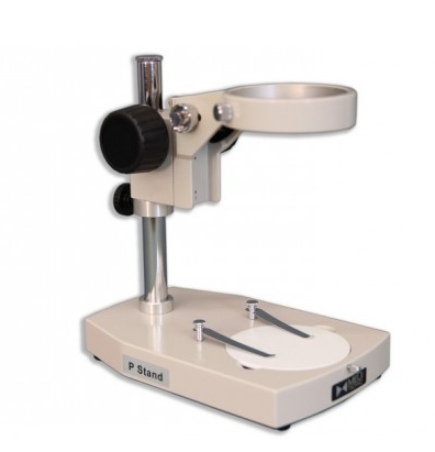 Basic Pole Stand with FX Focusing Holder and Integrated Incident Illuminator port, Mounted on a Plain Base, Supplied with One 94.5 mm Diameter Reversible Black and White Stage Plate and Two Stage Clips, Meiji Techno America, PL
