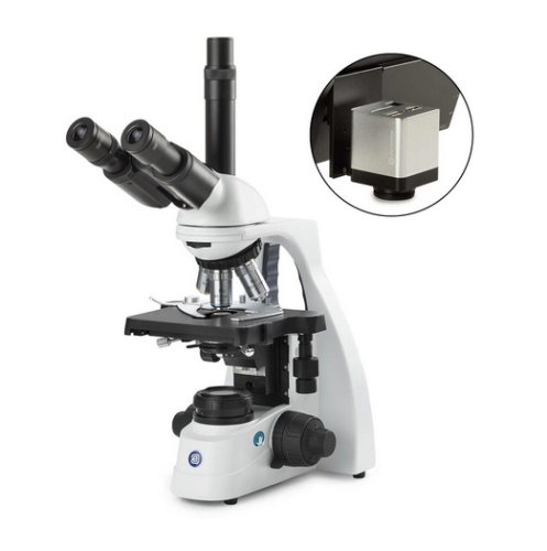 bScope Trinocular Microscope, HWF 10X/20 mm Eyepieces and Quintuple Nosepiece With E-Plan PLI 4/10/S40/S100X Oil Infinity Corrected IOS Objectives, Globe Scientific, EBS-1153-PLI-HDS