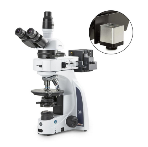 iScope Trinocular Microscope With EWF 10X/20 mm Eyepieces, Plan Polarization PLPOLI 5/10/20/S50X IOS Objectives, Globe Scientific, EIS-1053-PLPOLRI-HDS