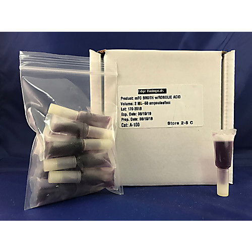 M-FC Broth with Rosolic Acid, 2 mL Ampules, 50/PK, Edge Biologicals, A-100