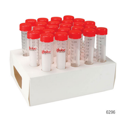 DIAMOND MAX Centrifuge Tube, 15 mL, Attached Red Flat Top Screw Cap, Polypropylene, Printed Graduations, Sterile, Certified, Racked, 500/CS, 6296