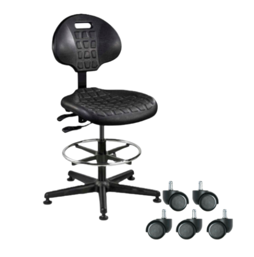 Bevco Everlast Chair, Polyurethane, Articulating Seat & Back Tilt, 5-Star Black Nylon Base, 18 in. Adjustment Chrome Footring, Mushroom Glides Plus 5 Casters to Convert to Rolling, B2183054/B2132268