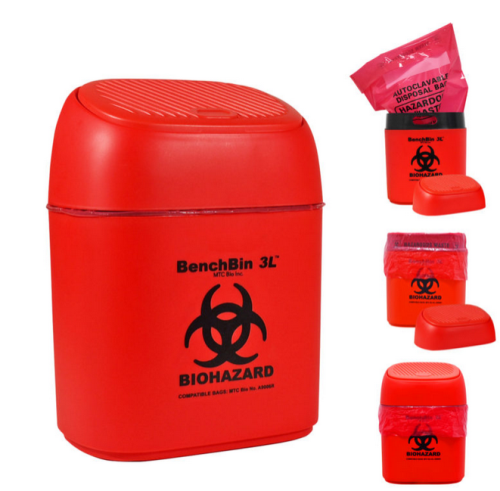 BenchBin 3 L Benchtop Biohazard Bin, Attached Lid, Use 8.5 x 11 in. Autoclave Bags, MTC Bio, A8401B