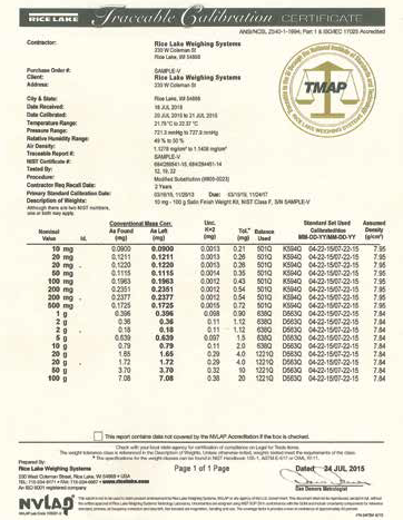 Traceable Certificate for NIST Class F 10 lb. Weight, Stainless Steel Satin, Density 7.84 (Example Certificate Only Shown)