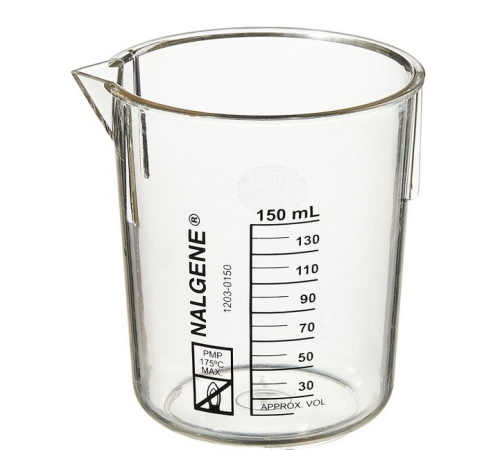 Nalgene Beaker, Griffin Low Form, Polymethylpentene, (PMP) Graduated, 150 mL, with Spout, 1203-0150.